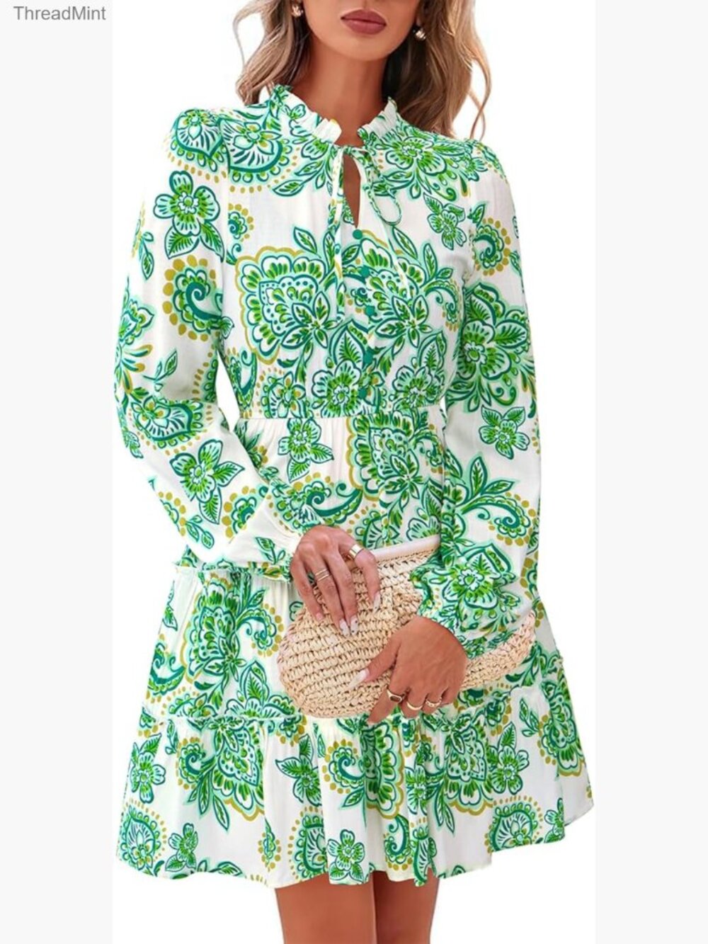 Floral V-Neck Long Sleeve Tiered Ruffle Boho Swing A-Line Mini Dress